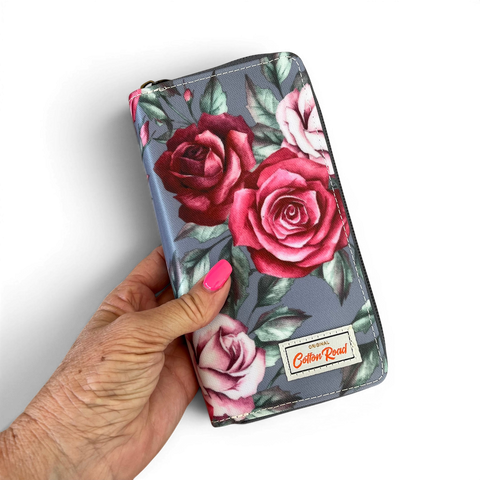 Cotton Road Wallet large grey PVC with pink rose floral design and zip compartments