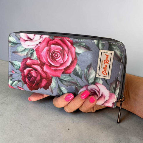 Cotton Road Wallet large grey PVC with rose floral print and zip compartments