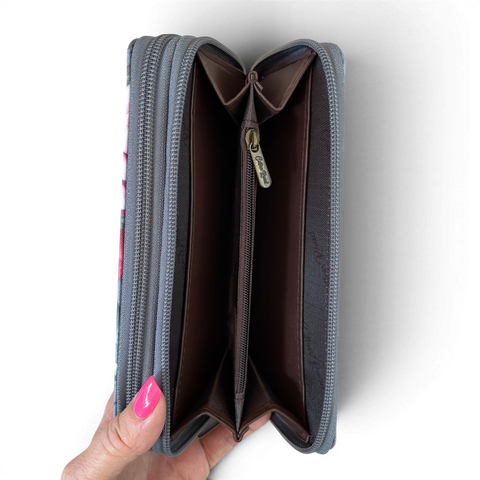 Cotton Road Wallet large grey PVC with pink and burgundy rose floral design and zip-around closure