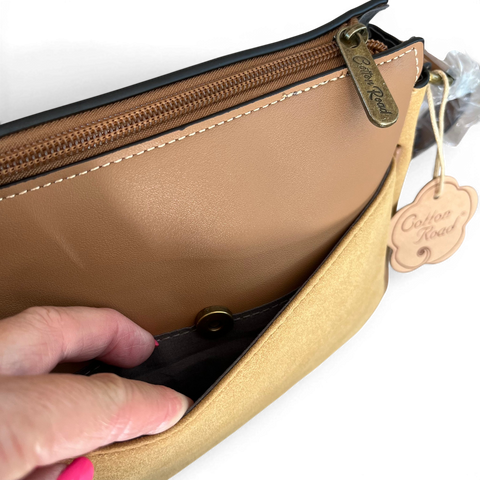 Cotton Road Sling Bag: KHAKI PU Leather Crossbody with Matching Wallet