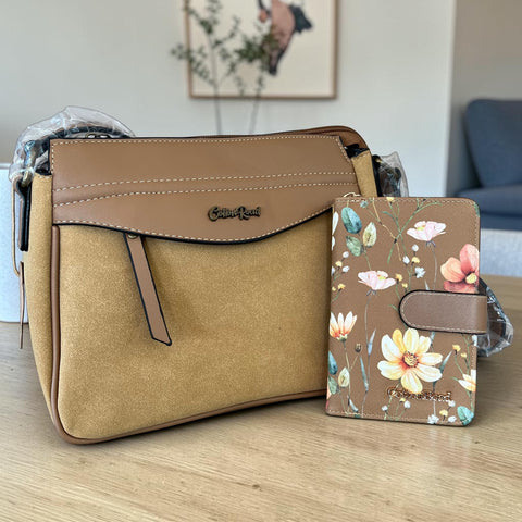 Cotton Road Sling Bag: KHAKI PU Leather Crossbody with Matching Wallet