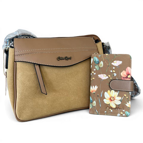 Cotton Road Sling Bag: KHAKI PU Leather Crossbody with Matching Wallet