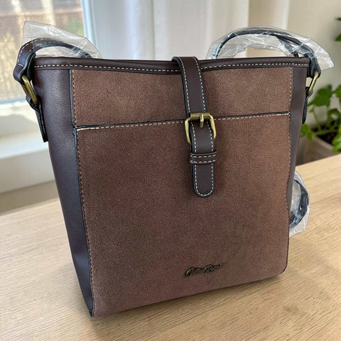 Cotton Road Coffee Brown PU leather sling bag with buckle clip and suede-look front panel