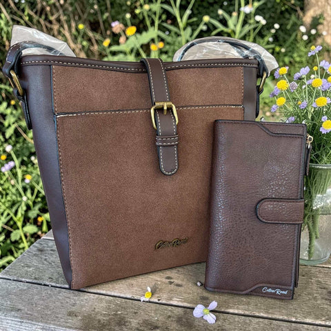 Cotton Road sling bag and matching wallet set in coffee brown PU leather with suede-look front panel and buckle clip detail