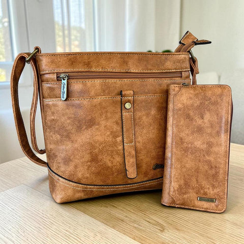 Cotton Road camel PU leather sling bag with matching wallet set showcasing adjustable strap and zip compartments for organized daily use