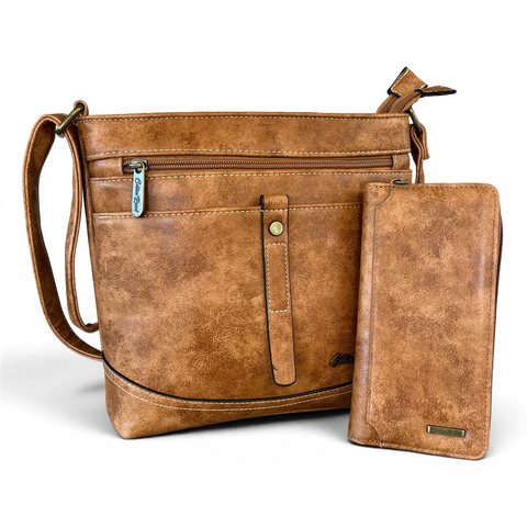 Cotton Road Sling Bag and matching wallet in camel PU leather with adjustable strap and multiple compartments for organized daily use