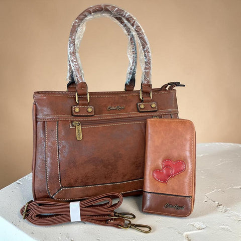 Cotton Road Brown PU Leather Handbag with Matching Heart Wallet Set for Women