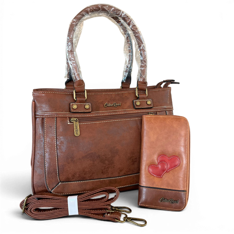 Cotton Road Handbag and matching brown PU leather wallet set with zip compartments and heart detail