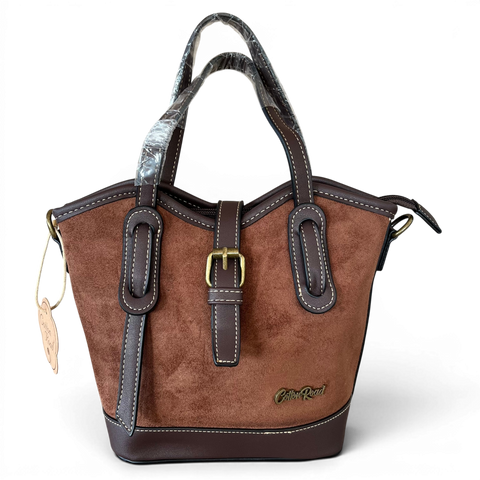 Cotton Road Handbag: BROWN PU Leather with Buckle Clip Design