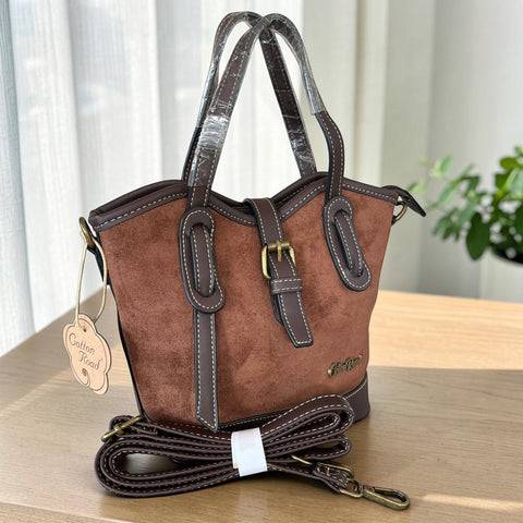 Cotton Road Handbag: BROWN PU Leather with Buckle Clip Design