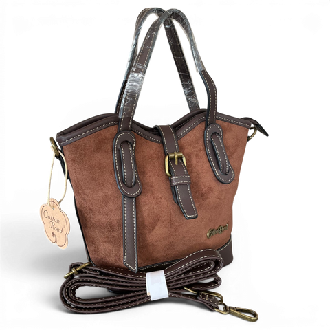 Cotton Road Handbag: BROWN PU Leather with Buckle Clip Design