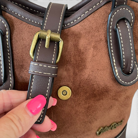 Cotton Road Handbag: BROWN PU Leather with Buckle Clip Design