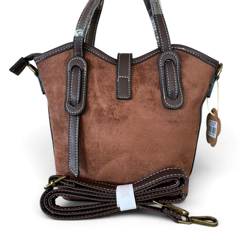 Cotton Road Handbag: BROWN PU Leather with Buckle Clip Design