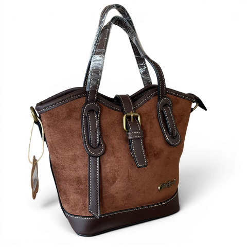 Cotton Road Handbag: BROWN PU Leather with Buckle Clip Design