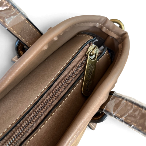 Cotton Road Khaki PU leather handbag with buckle clip and double handles