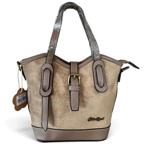 Cotton Road Handbag in khaki PU leather with buckle clip and double handles