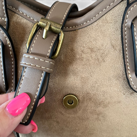 Cotton Road Handbag in khaki PU leather with buckle clip and contrast stitching