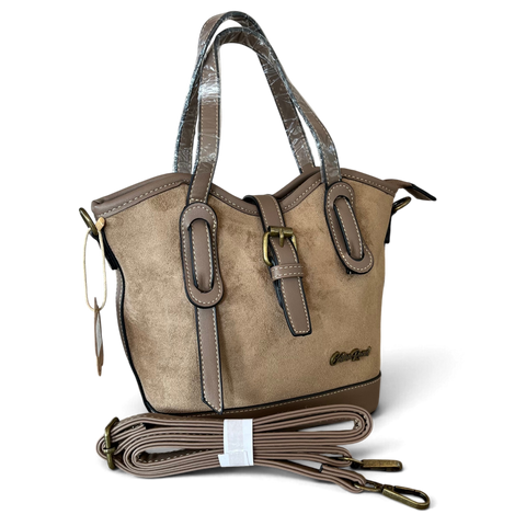 Cotton Road Handbag in khaki PU leather with buckle clip and suede-look finish