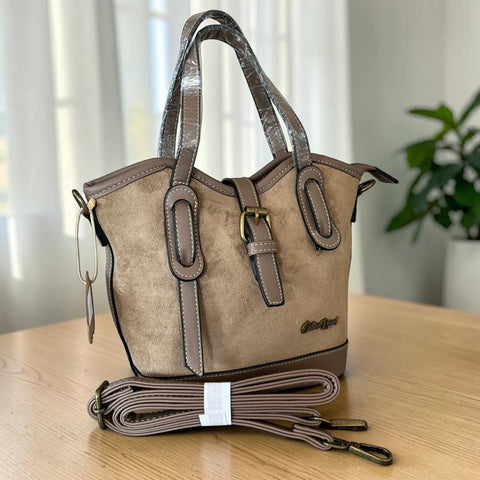 Cotton Road Handbag khaki suede-look PU leather with buckle clip and adjustable strap