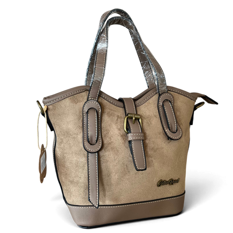 Cotton Road Handbag in khaki suede-look PU leather with magnetic buckle and antique brass hardware