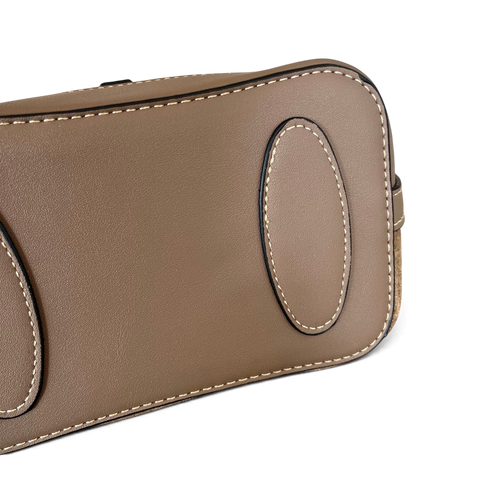 Cotton Road Handbag in khaki PU leather with buckle clip and antique brass hardware