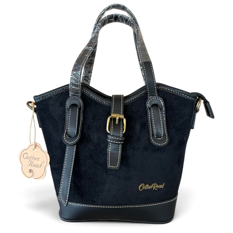 Cotton Road Handbag black suede-look PU leather with decorative buckle and adjustable strap