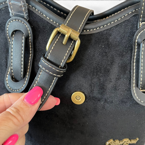 Cotton Road Handbag black suede-look PU leather with buckle clip and adjustable strap