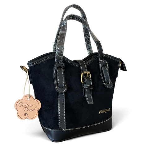 Cotton Road Handbag black suede-look PU leather with magnetic buckle and adjustable strap