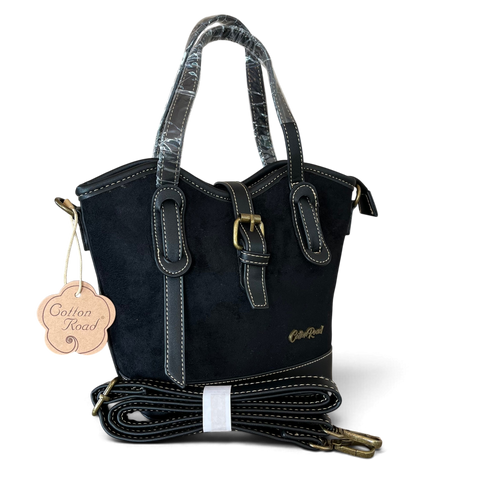 Cotton Road Handbag in black suede-look PU leather with magnetic buckle strap and double handles