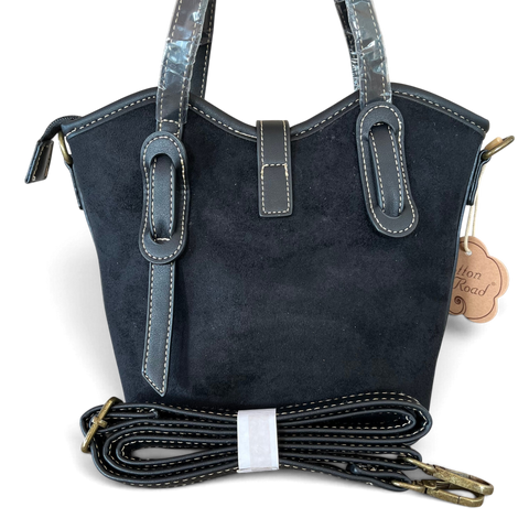 Cotton Road Handbag black suede-look PU leather with buckle clip and double handles
