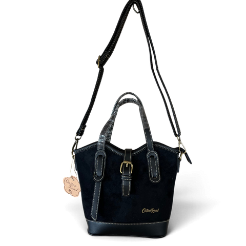 Cotton Road Handbag black suede-look PU leather with buckle clip and adjustable shoulder strap