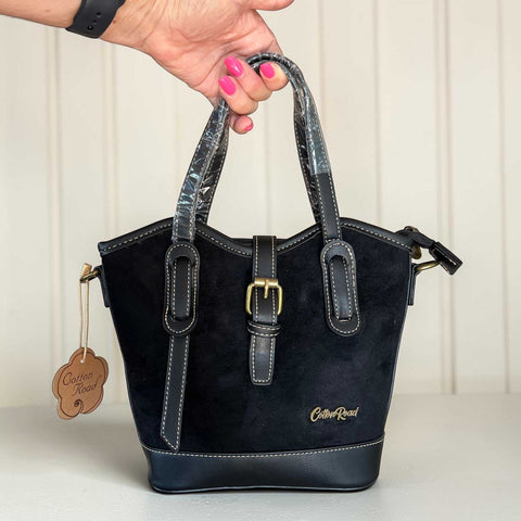 Cotton Road Handbag black suede-look PU leather with magnetic buckle and adjustable shoulder strap