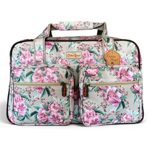 Cotton Road Travel Bag: MINT GREEN FLORAL PVC Overnight with Matching Hanging Vanity Set