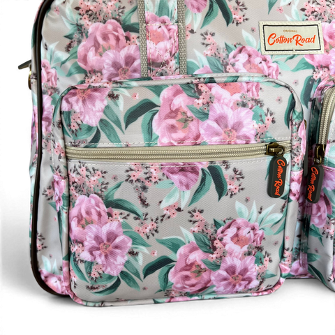 Cotton Road Travel Bag: MINT GREEN FLORAL PVC Overnight with Matching Hanging Vanity Set