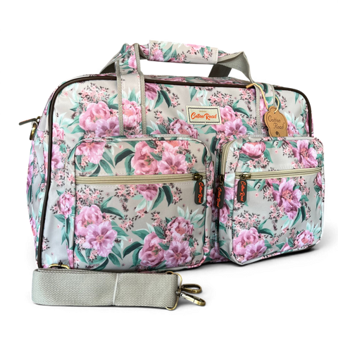 Cotton Road Travel Bag: MINT GREEN FLORAL PVC Overnight with Matching Hanging Vanity Set
