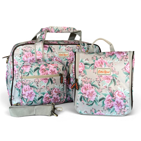Cotton Road Travel Bag: MINT GREEN FLORAL PVC Overnight with Matching Hanging Vanity Set