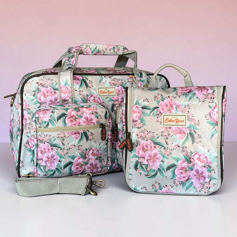 Cotton Road Travel Bag: MINT GREEN FLORAL PVC Overnight with Matching Hanging Vanity Set