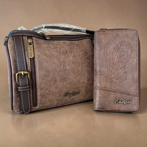 Cotton Road Sling Bag: BROWN PROTEA Design PU Leather with Matching Wallet
