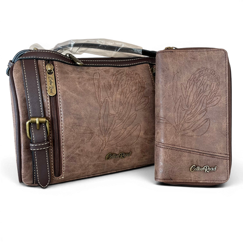 Cotton Road Sling Bag: BROWN PROTEA Design PU Leather with Matching Wallet