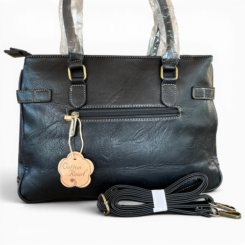 Stylish Cotton Road Handbag in black PU leather with embroidered Protea design and brass hardware