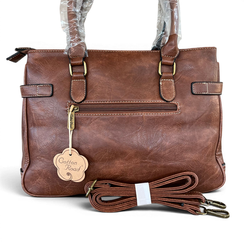 Cotton Road Handbag brown PU leather with embroidered Protea design and antique brass hardware
