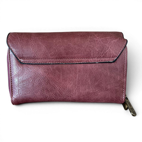 Cotton Road Wallet in deep pink PU leather with embroidered protea design and adjustable crossbody strap