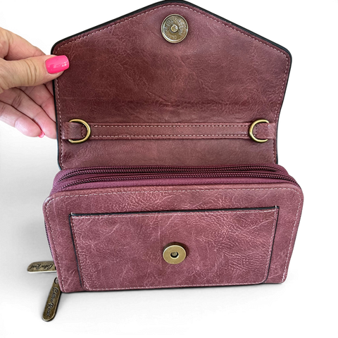 Cotton Road Wallet stylish pink protea embroidered PU leather crossbody sling with multiple compartments and adjustable strap