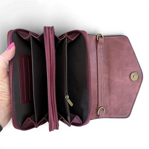 Cotton Road Wallet stylish pink protea PU leather crossbody sling with embroidered design and multiple compartments