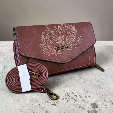 Cotton Road Wallet Pink Protea PU Leather Crossbody Sling with embroidered protea design and adjustable strap