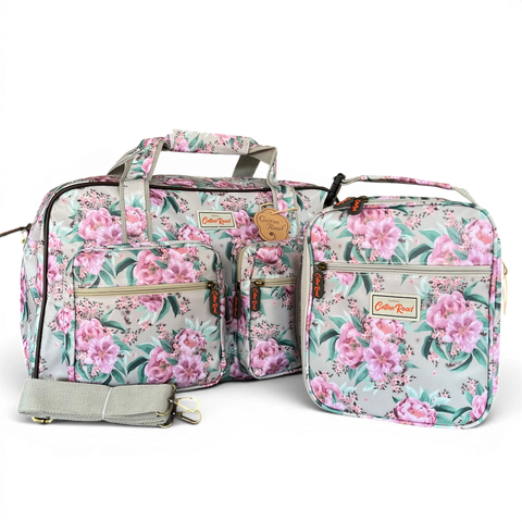 Cotton Road Travel Bag mint green floral PVC overnight bag with matching insulated cooler vanity bag set