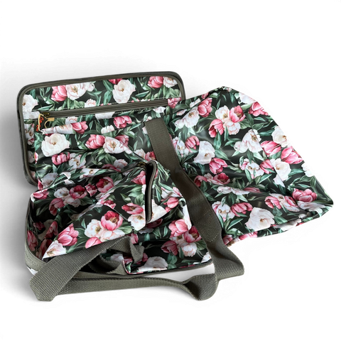 Cotton Road Travel Bag green floral PVC foldaway weekender with matching hanging vanity set