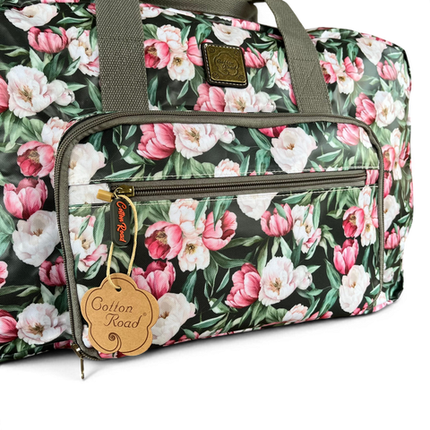Cotton Road Travel Bag green floral foldaway weekender with matching hanging vanity set