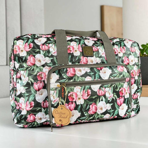 Cotton Road Travel Bag green floral foldaway PVC weekender bag with spacious compartment and carry handles