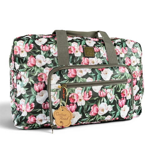 Cotton Road Travel Bag green floral PVC foldaway weekender and matching hanging vanity set